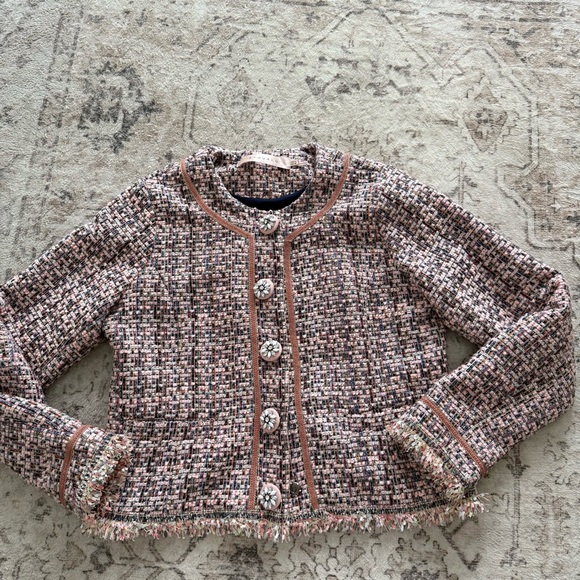 EsQualo Tweed Cropped Jacket Pink Preppy Chic Statement Buttons - Picture 9 of 13